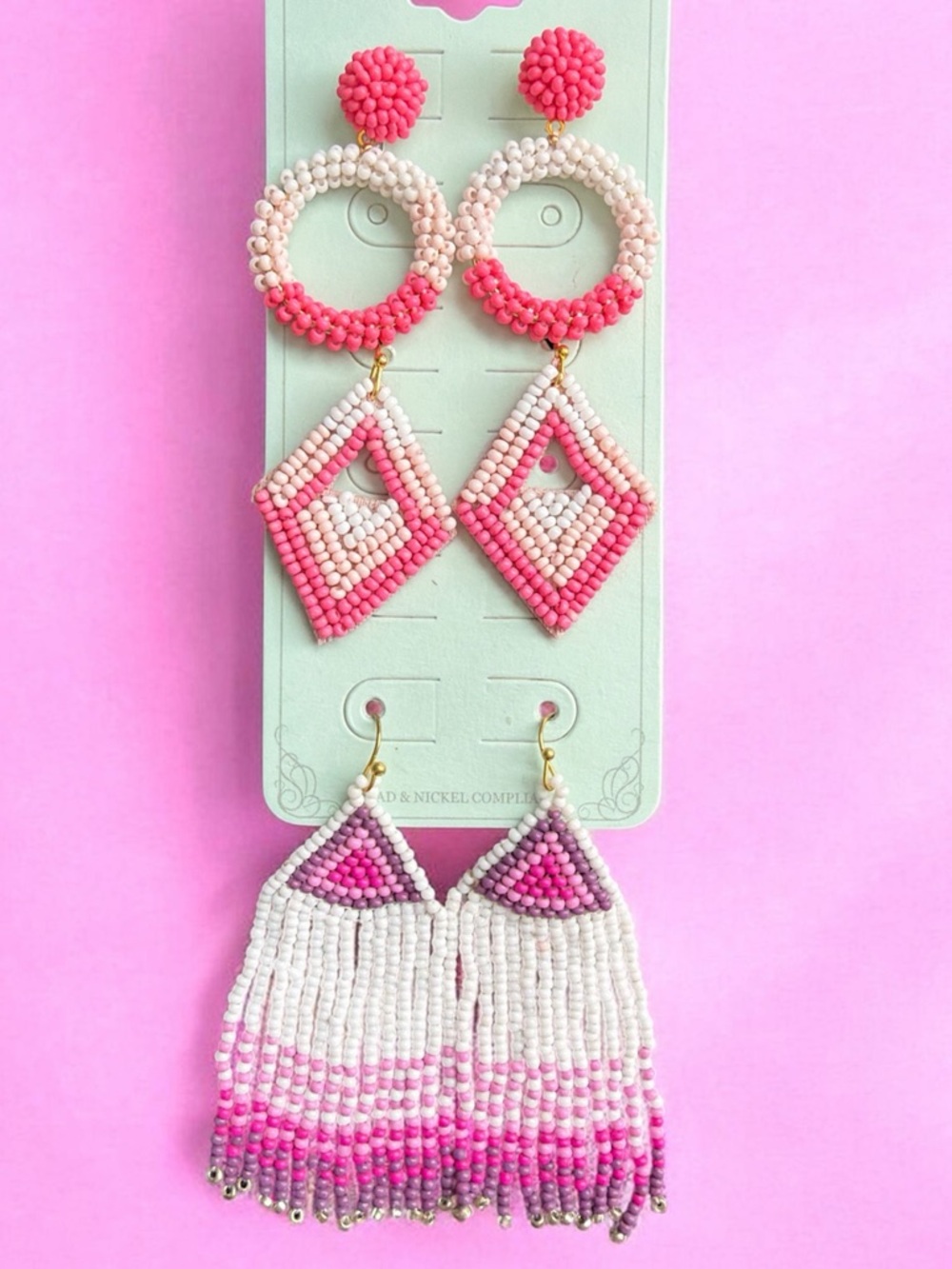 Brand new! 3 pc  Handmade Pink Beaded Statement Earrings Set - Women Jewelry